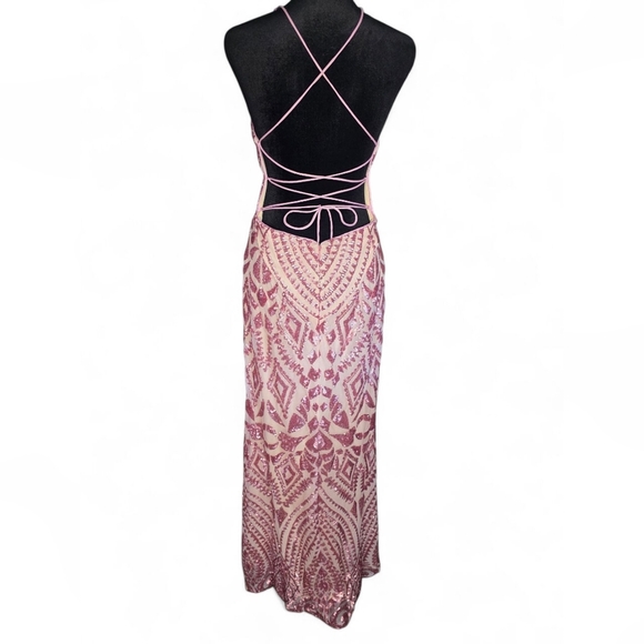 Allie Blu Pink/Cream Sequin Halter Backless Lace-up  Bodycon Formal Prom Dress - Picture 5 of 13